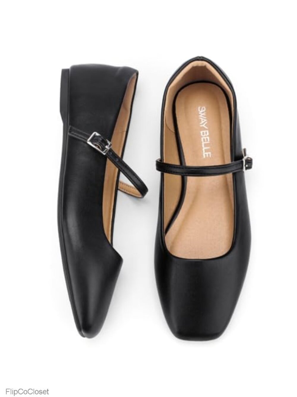 SWAY BELLE Mary Jane Flats Square Toe Adjustable Buckle Ballet Shoes Faux